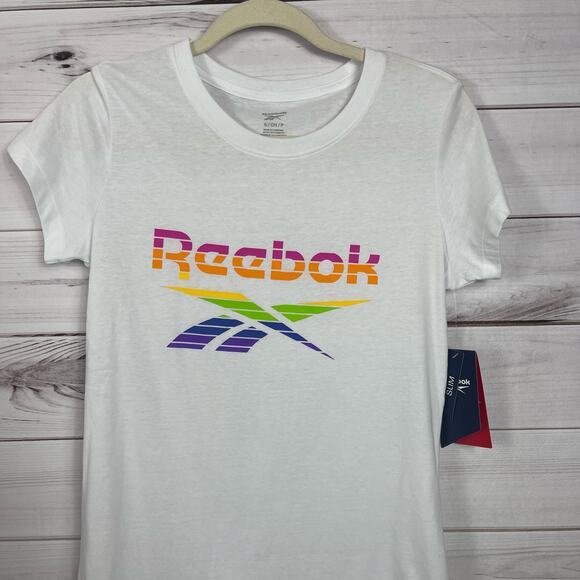 Reebok Stark White Striped Lockup Pride Graphic Tee NWT Small - Picture 2 of 4
